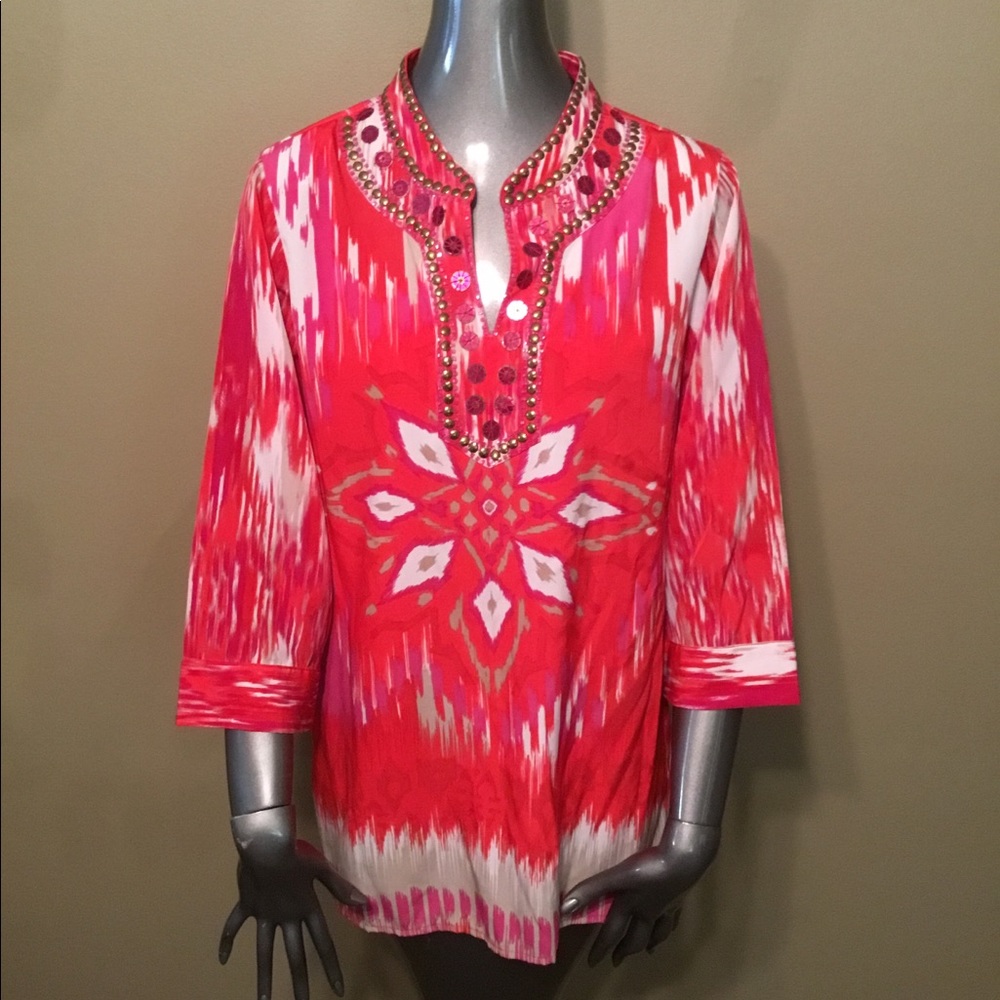 Chico's beaded & sequin tunic geometric blouse top